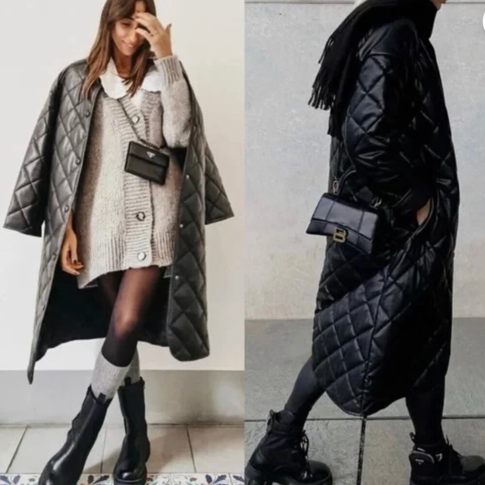 ZARA Quilted Faux Leather Black Long Coat Size Large